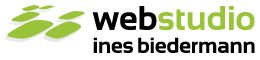 Logo von Webstudio Ines Biedermann in Schwarz und Grün mit grafischen Elementen links.