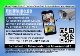 Werbung für HeliHome.de, Überwachungskameras und -lösungen mit Smartphone und PC-Anbindung.