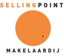 Logo met tekst "Selling Point Makelaardij" in zwarte letters en een grote oranje cirkel.