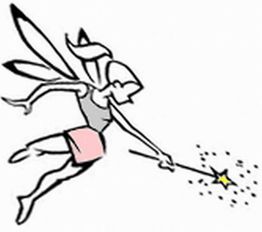 Eine Fee mit Flügeln und Zauberstab fliegt, ein Stern entsteht an der Spitze des Stabs.