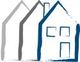Stilisiertes Bild von drei Häusern, zwei grau und eins blau gezeichnet.