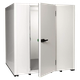 Witte cabine met open deur en zwarte deurknop, zonder zichtbare inhoud.