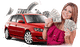 Woman holding money in front of a red car with more cash flying around.