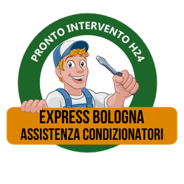 Logo con tecnico sorridente, chiave inglese; testo: "Express Bologna Assistenza Condizionatori".
