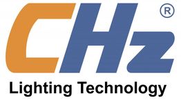 Logotipo de CHz Lighting Technology con letras naranjas y azules.