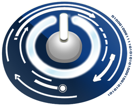 Illustration eines Power-Symbols mit Kreisen und Pfeilen auf blauem Hintergrund.