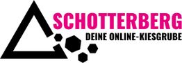 Schwarzes Dreieck, Schottersteine, Text: "SCHOTTERBERG DEINE ONLINE-KIESGRUBE" in Pink.
