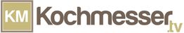 Logo mit der Aufschrift "KM Kochmesser.tv" in Braun und Beige.