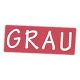 Rotes Rechteck mit dem weißen Wort "GRAU" in fetter Schrift.