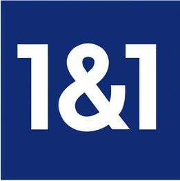 Blaues Quadrat mit der weißen Aufschrift "1&1".
