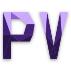 Texte géométrique violet "PV" sur fond transparent.