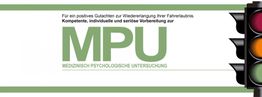 Verkehrsampel und Text: "Vorbereitung zur MPU - Medizinisch Psychologische Untersuchung".