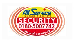 Logo mit "All Service Sicherheitsdienste", Telefonnummer und Webseite in Kreisform gestaltet.