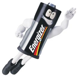 Eine cartoonhafte Batteriefigur mit Augen und Armen in Laufbewegung, Markenname "Energizer" sichtbar.