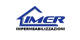 Logo blu con la scritta "IMER" sotto una linea che forma un tetto di casa.