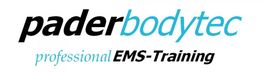 Schriftzug "paderbodytec professional EMS-Training" in Schwarz und Blau auf weißem Hintergrund.