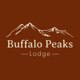 Logo with mountain peaks and text: "Buffalo Peaks Lodge" on a brown background.