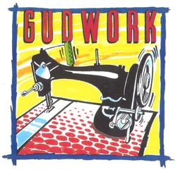 Alte Nähmaschine mit Stoff, stilisiert und farbenfroh, Text: „GUDWORK“ oben im Bild.