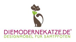 Braune Katze mit grüner Schleife, Text: DIEMODERNEKATZE.DE - Designmöbel für Samtpfoten.