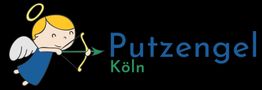 Zeichnung eines Engels mit Bogen, daneben Text: Putzengel Köln. Hintergrund schwarz.
