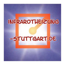 Logo mit Text "Infrarotheizung Stuttgart" auf blauem Hintergrund mit weißem, strahlendem Licht.
