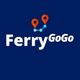 Logo van FerryGoGo met routepictogrammen op een blauwe achtergrond.