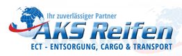 Logo von AKS Reifen mit Globus, Slogan und Servicekategorien: Entsorgung, Cargo, Transport.