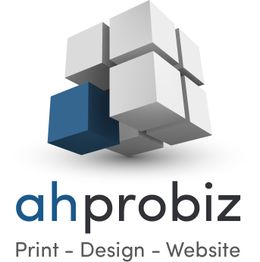 3D-Würfel-Logo mit „ahprobiz“ und Text: „Print - Design - Website“ darunter.