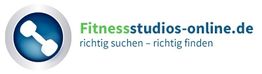 Logo mit Hantel und Text: "Fitnessstudios-online.de richtig suchen – richtig finden".