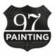 Black and white shield logo with "97 Painting" and palm leaf design.