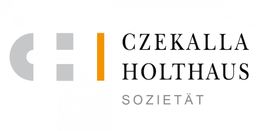 Logo mit grauen und orangefarbenen Elementen, Text: Czekalla Holthaus Sozietät.