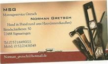 Visitenkarte mit Handwerks-Tools und Kontaktdaten für Montageservice Norman Gretsch.