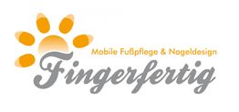 Logo der Firma "Fingerfertig" mit Sonne, Schriftzug für mobile Fußpflege & Nageldesign.