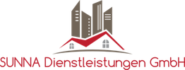 Logo der SUNNA Dienstleistungen GmbH mit stilisierten Gebäuden und einem roten Dach.