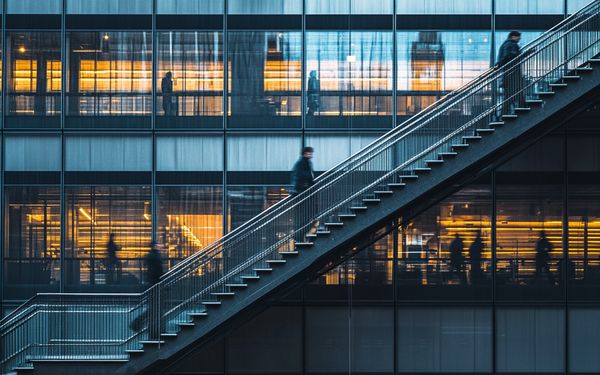 Metallaußentreppe an einem gläsernen Bürogebäude.