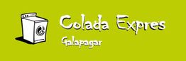 Lavadora blanca con texto: "Colada Expres Galapagar" sobre fondo verde.