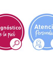 Círculos: "Diagnóstico de la piel" en rojo y "Atención personalizada" en azul.