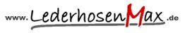 www.LederhosenMax.de-Logo in schwarzer Schrift mit rotem "M" und grauer Linie darunter.
