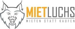 Luchskopf-Logo mit Text "MIETLUCHS, MIETEN STATT KAUFEN" in orange und grau.