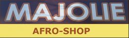 Schild mit der Aufschrift "Majolie Afro-Shop" auf blauem und gelbem Hintergrund.