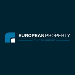 Logo bleu avec texte "European Property Finder Group" sur fond sombre.