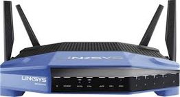 Blue Linksys Wi-Fi router with four antennas, front view displaying indicator lights.