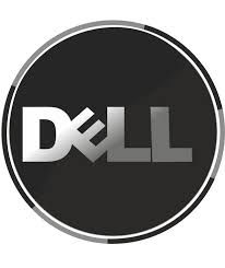 Dell logo in silver on a black circular background.