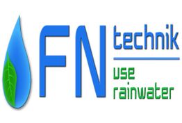 Logo mit blauem Tropfen, Blatt, Text: "FN technik use rainwater".
