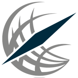 Eine stilisierte Kompassrose in Grau und Blau, die ein windgeformtes Muster bildet.