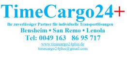 Textlogo von TimeCargo24+ mit Kontaktdaten und Standorten in Bensheim, San Remo und Lenola.