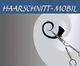 Illustration einer Schere und lockigem Haar, mit dem Text "Haarschnitt-Mobil".
