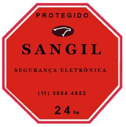 Sinal vermelho octogonal da SANGIL segurança eletrônica, com contato e serviço 24 horas.