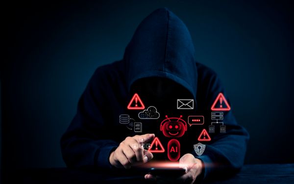 Ein Mensch in schwarzem Hoodie sitzt in einem dunklen raum. Über seinem Smartphone sind rote Warnsignale abgebildet als Zeichen, für Cyberkriminalität.