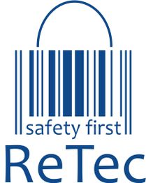 Logo mit einem blauen Barcode in Form eines Schlosses. Text: "safety first" und "ReTec".